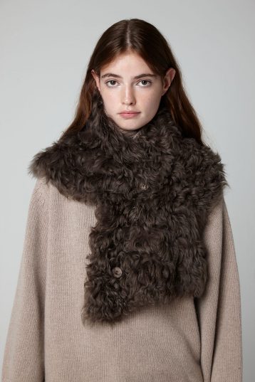 Moss Brown Two Button Shearling Snood Scarf - model crop - women | Gushlow & Cole