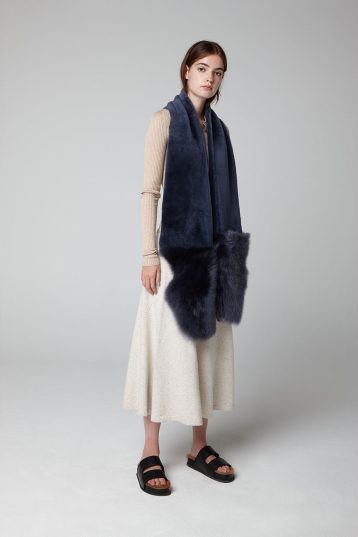 Navy Blue Mixed Shearling Scarf - model full length - women | Gushlow & Cole