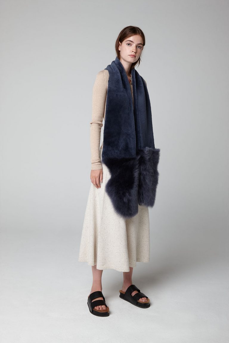 Navy Blue Mixed Shearling Scarf - model full length - women | Gushlow & Cole