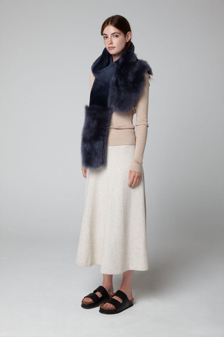 Navy Blue Mixed Shearling Scarf - model full length snood - women | Gushlow & Cole
