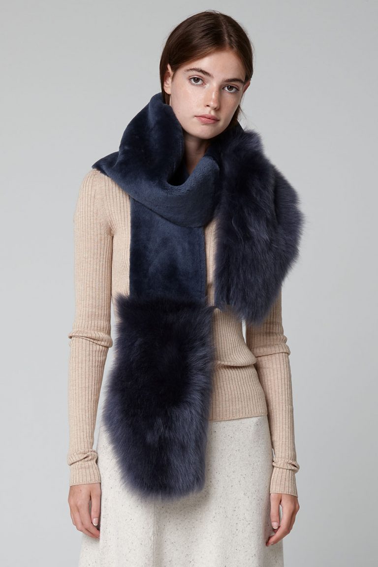 Navy Blue Mixed Shearling Scarf - model crop snood - women | Gushlow & Cole
