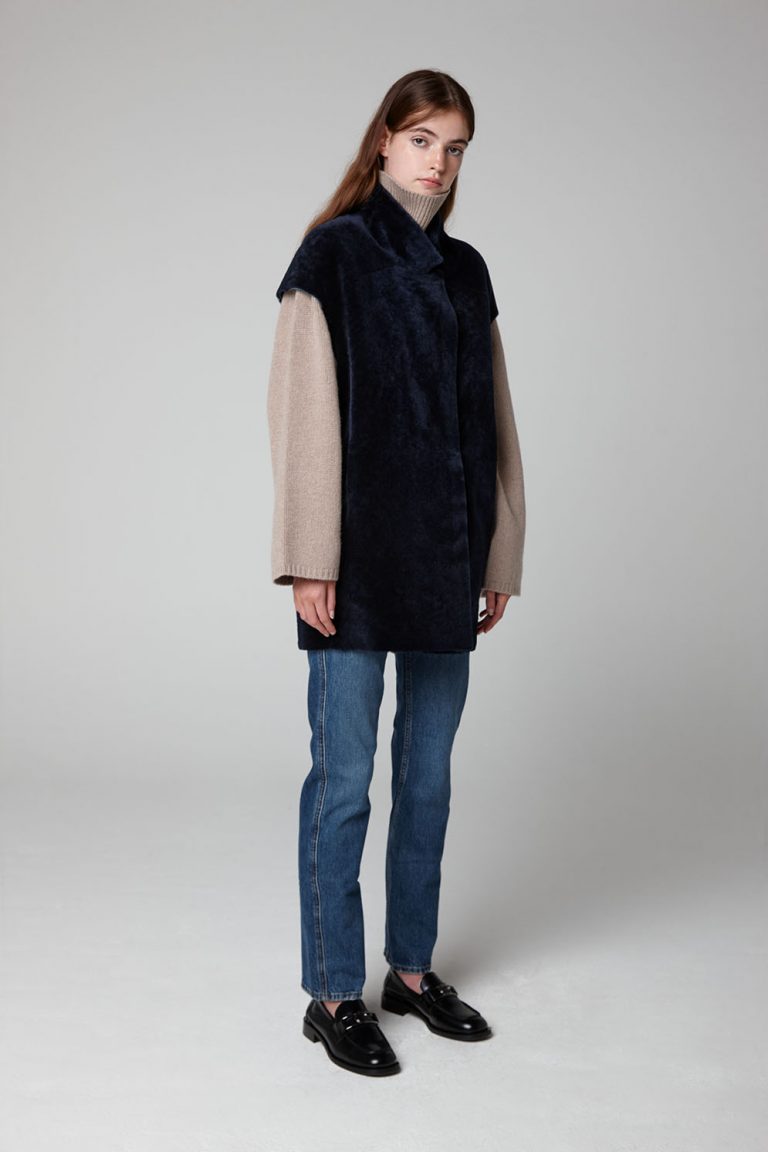 Navy Blue Notch Collar Shearling Gilet - model full length closed - women | Gushlow & Cole