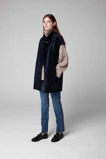 Navy Blue Notch Collar Shearling Gilet - model full length - women | Gushlow & Cole
