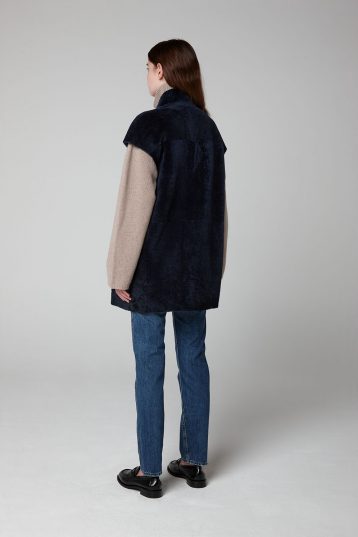 Navy Blue Notch Collar Shearling Gilet - model full length back - women | Gushlow & Cole