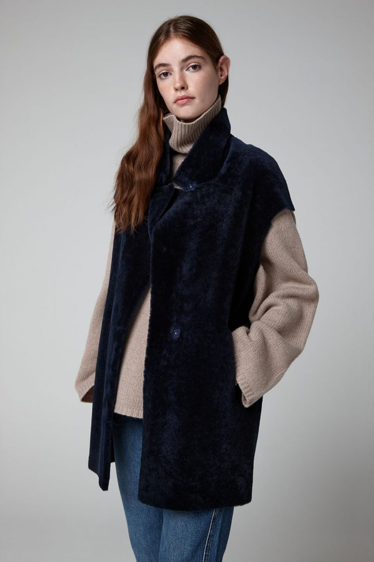 Navy Blue Notch Collar Shearling Gilet - model crop - women | Gushlow & Cole