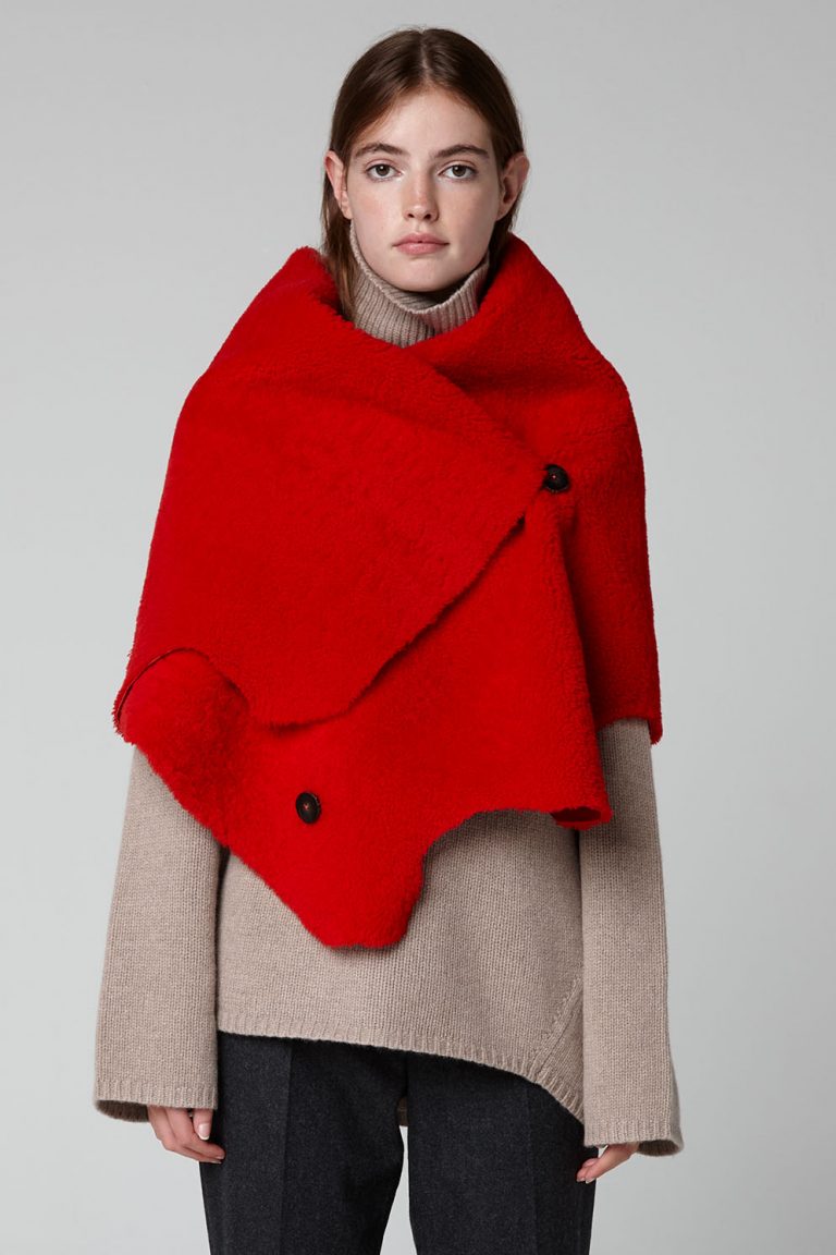 red Shearling Double Shawl Scarf - model crop - women | Gushlow & Cole