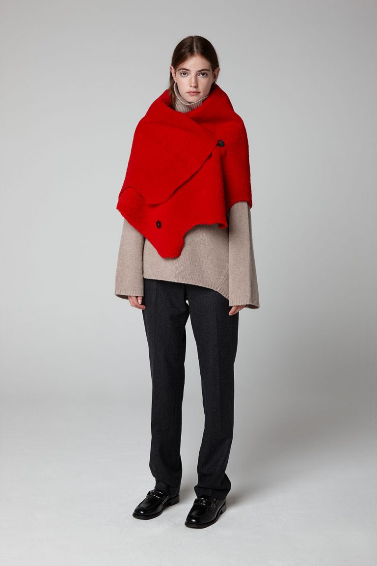 red Shearling Double Shawl Scarf - model full length - women | Gushlow & Cole