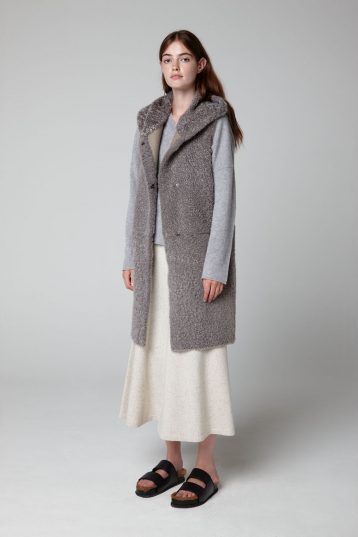 Grey Long Down Back Shearling Hooded Gilet - model full length open - women | gushlow & cole