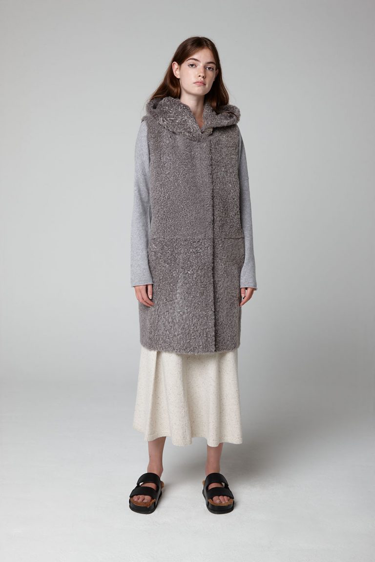 Grey Long Down Back Shearling Hooded Gilet - model full length closed - women | gushlow & cole