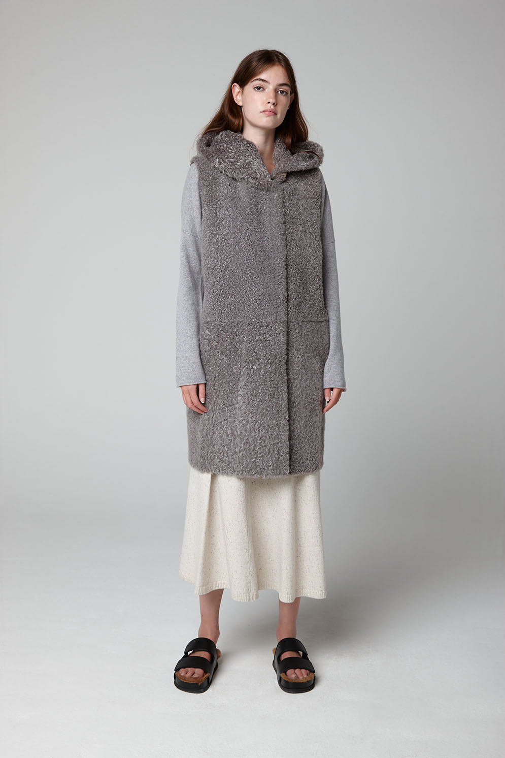 Grey Long Down Back Shearling Hooded Gilet | Women | Gushlow & Cole