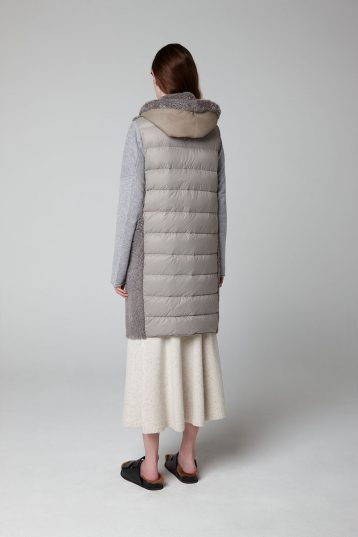 Grey Long Down Back Shearling Hooded Gilet - model full length back - women | gushlow & cole