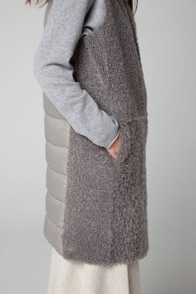 Grey Long Down Back Shearling Hooded Gilet - model crop - women | gushlow & cole