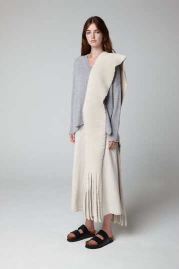 White Long Fringed Shearling Scarf - model full length - women | Gushlow & Cole