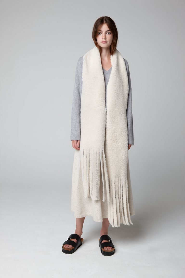 White Long Fringed Shearling Scarf - model full length 2 - women | Gushlow & Cole