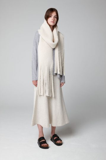 White Long Fringed Shearling Scarf - model full length snood - women | Gushlow & Cole