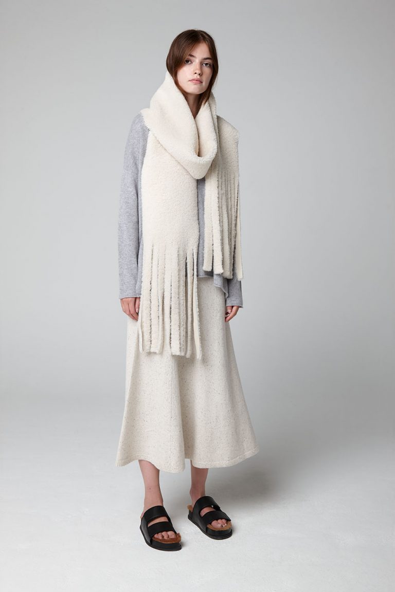 White Long Fringed Shearling Scarf - model full length snood - women | Gushlow & Cole