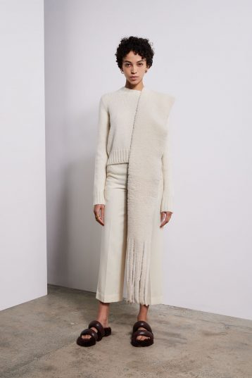 White Long Fringed Shearling Scarf - model full length side - women | Gushlow & Cole