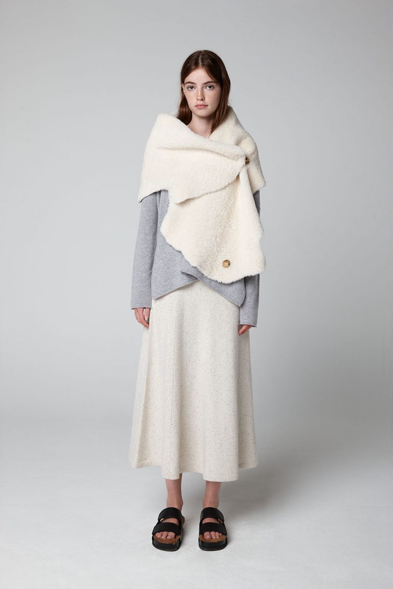 red Shearling Double Shawl Scarf - model full length - women | Gushlow & Cole