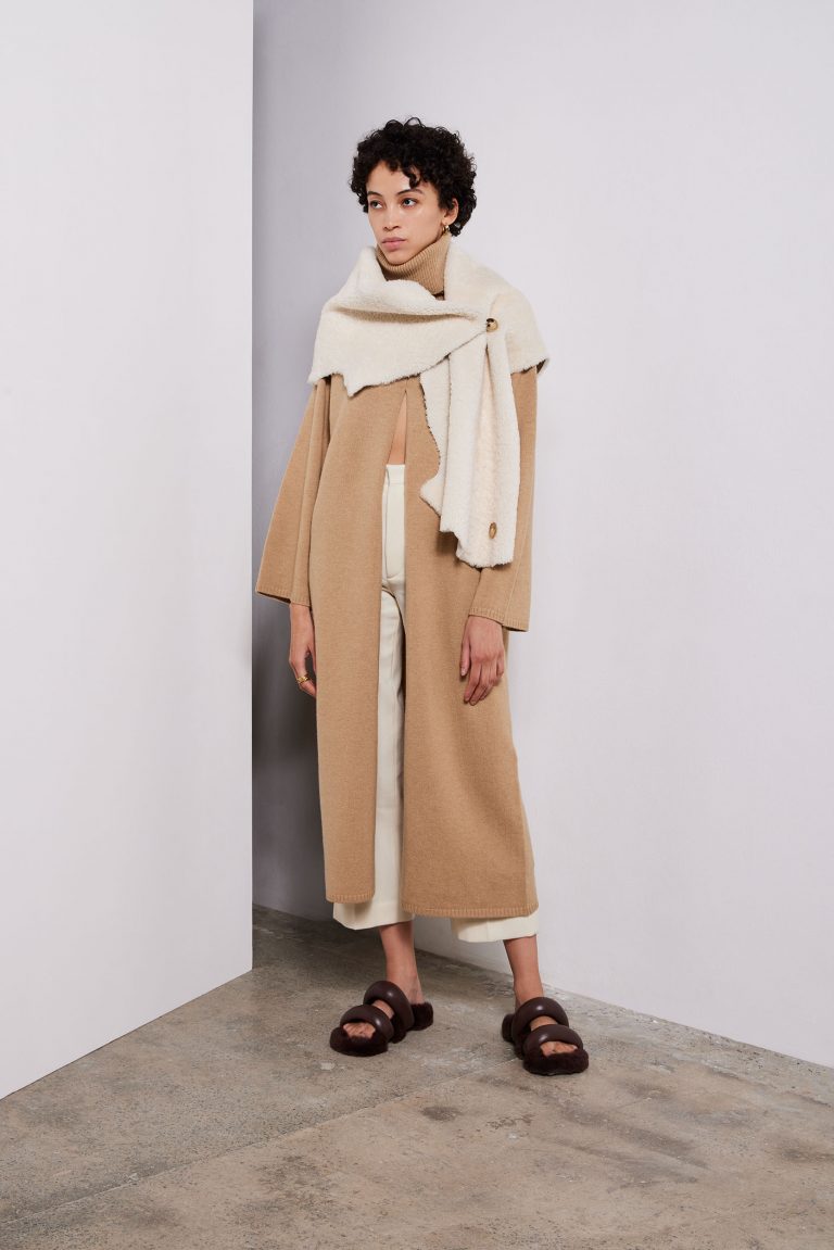 red Shearling Double Shawl Scarf - model full length side 2 - women | Gushlow & Cole