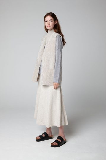 White Stand Collar Mid Shearling Gilet - model full length wool in - gushlow & cole