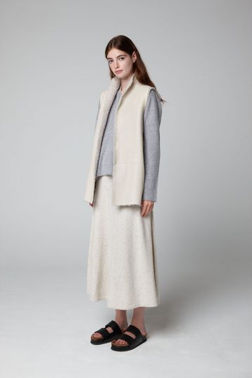 White Stand Collar Mid Shearling Gilet - model wool in - gushlow & cole