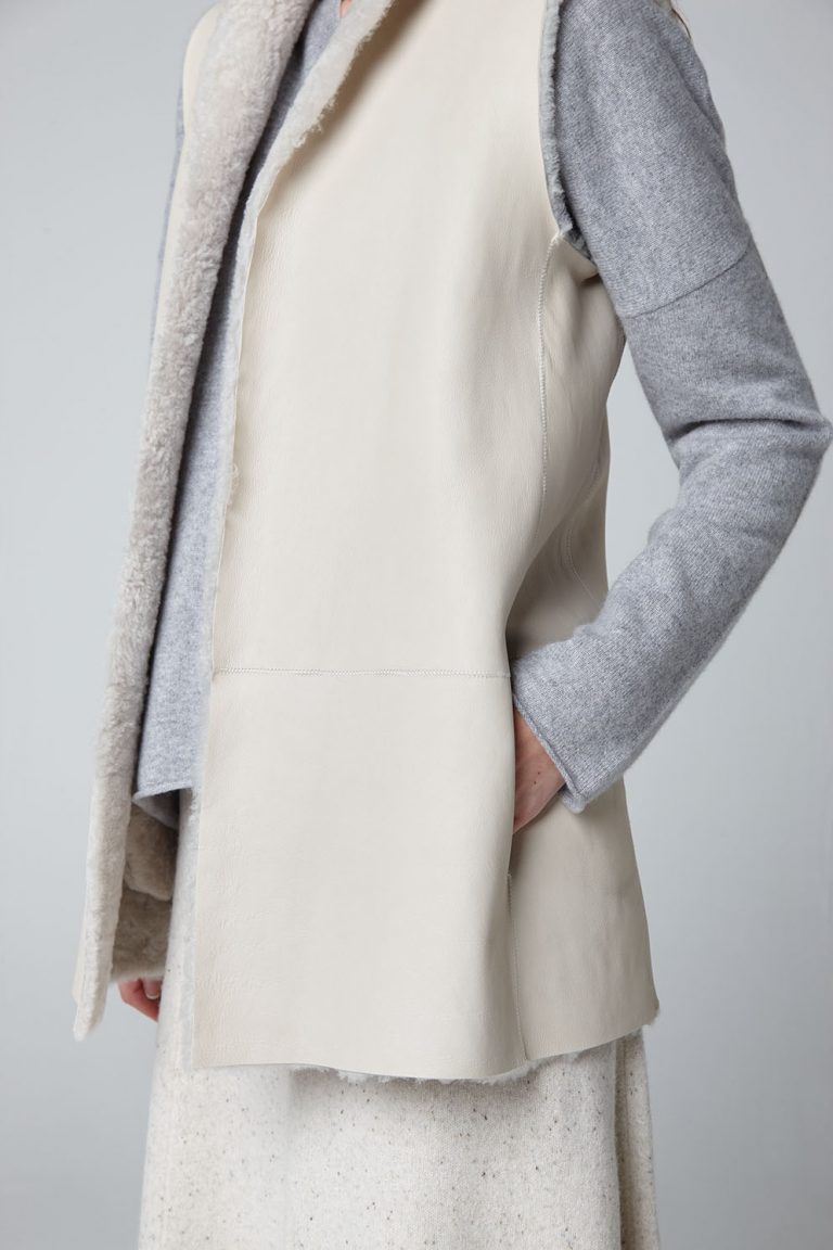 White Stand Collar Mid Shearling Gilet - model crop - gushlow & cole
