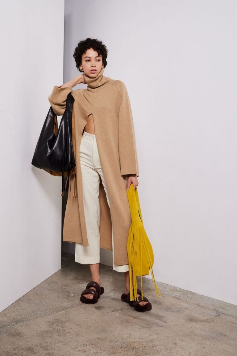 yellow fringed leather shoulder bag - model front - women | Gushlow & Cole