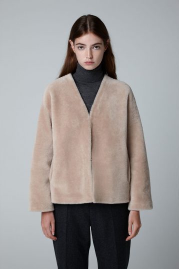 Ecru V Neck Shearling Cardigan Jacket - model crop - Women | Gushlow & Cole