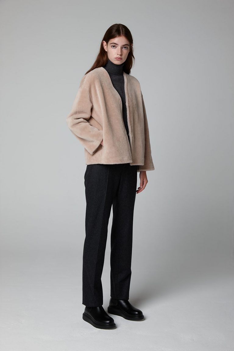 Ecru V Neck Shearling Cardigan Jacket - model full length front - Women | Gushlow & Cole
