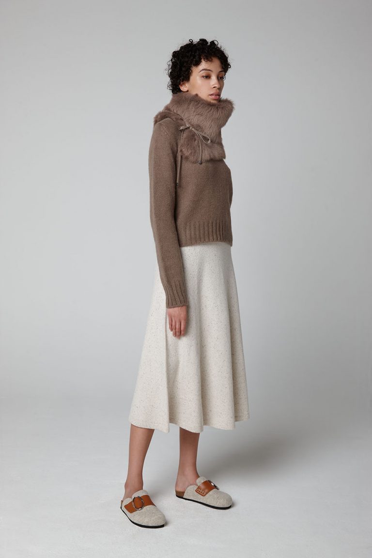 Camel Shearling Shawl Scarf - model full length - women | Gushlow & Cole