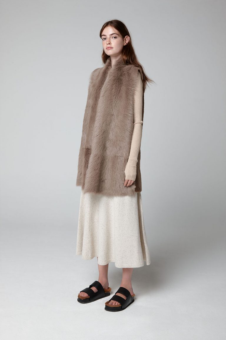 Camel Mid Length Rough Cut Mixed Shearling Gilet - model full length wool out - women | gushlow & cole