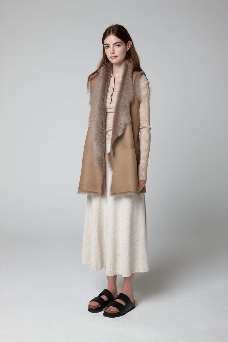 Camel Mid Length Rough Cut Mixed Shearling Gilet - model full length wool in - women | gushlow & cole