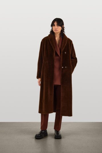 Brown Longline Shearling Shawl Coat | Womens Luxury Shearling | Gushlow & Cole | model full length
