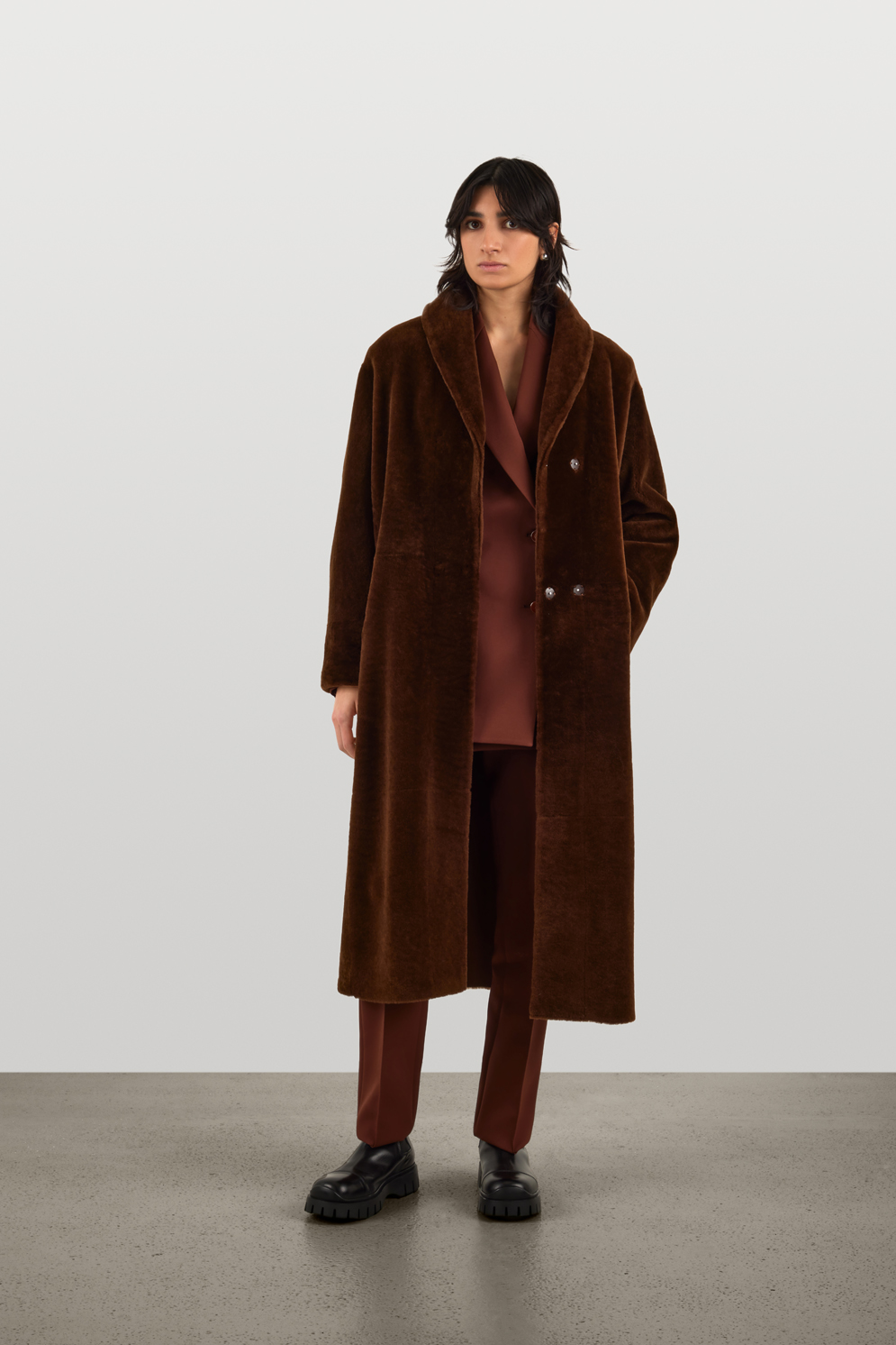 Brown Longline Shearling Shawl Coat | Womens | Gushlow & Cole