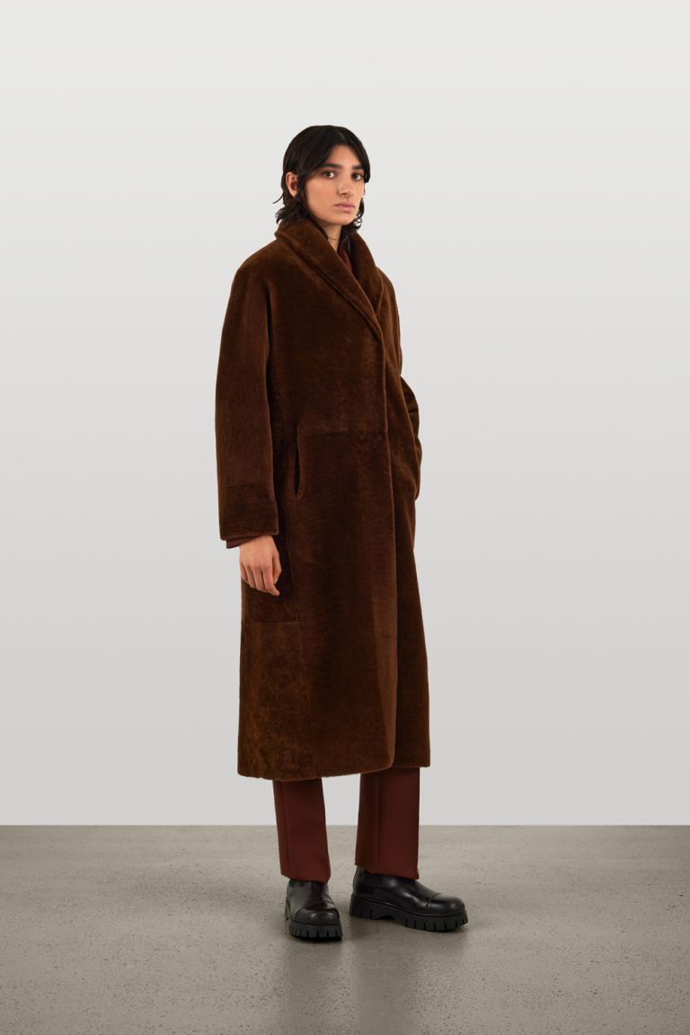 Brown Longline Shearling Shawl Coat | Womens Luxury Shearling | Gushlow & Cole | model full length side