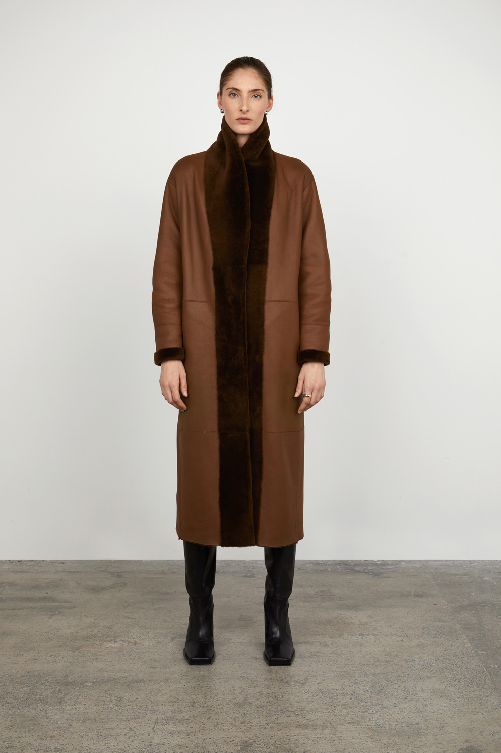 Chestnut Brown Longline Neat Shearling Shawl Coat gushlow and cole - model full length wool in