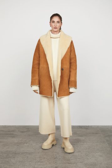 tan and white shawl shearling coat gushlow and cole - model full length coat open
