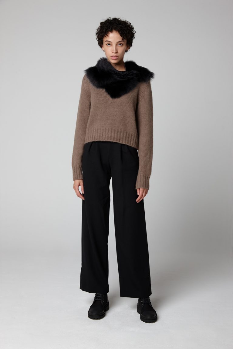 Black Baby Button Shearling Scarf gushlow and cole model full length top front