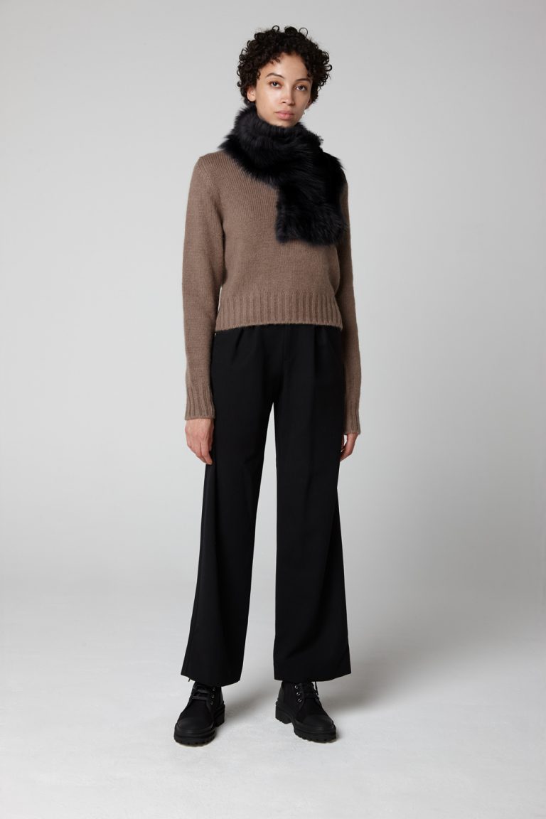 Black Baby Button Shearling Scarf gushlow and cole model full length top fixing