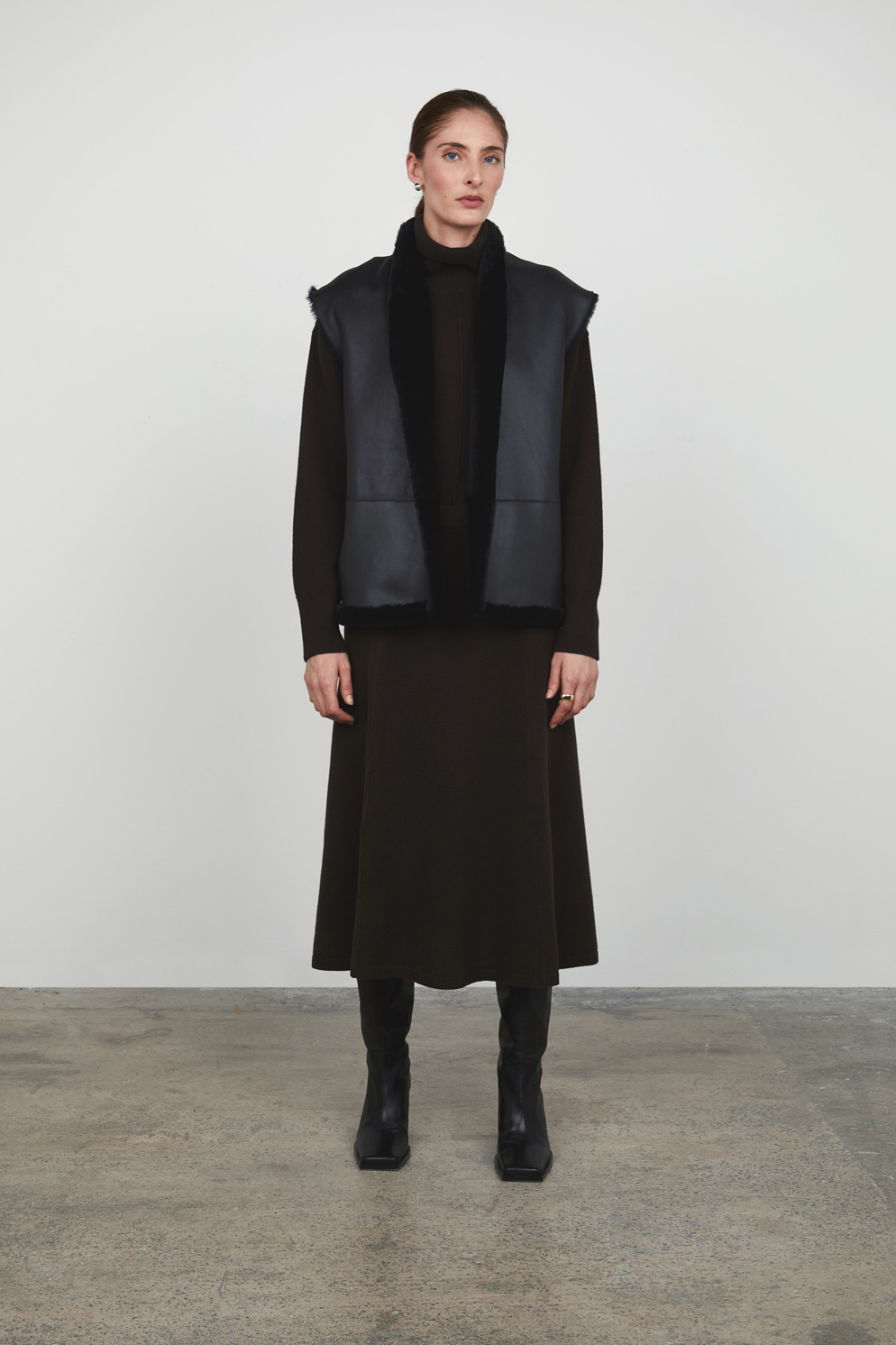 Black Boxy Shearling Gilet gushlow and cole - model full length front wool in