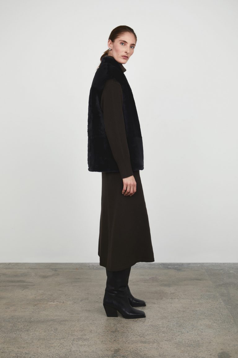 Black Boxy Shearling Gilet gushlow and cole - model full length side