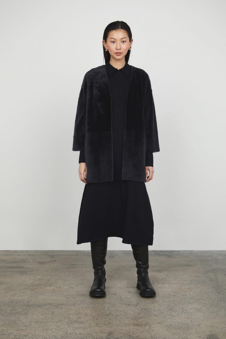 Black Midi Shearling Cardigan Coat gushlow and cole front - full length front