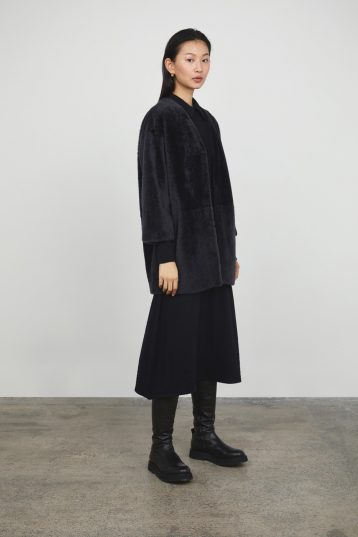 Black Midi Shearling Cardigan Coat gushlow and cole front - full length front side