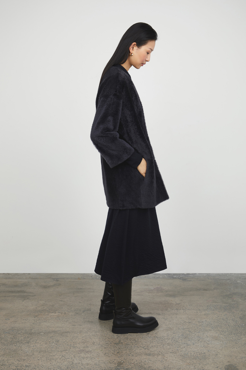 Black Midi Shearling Cardigan Coat gushlow and cole front - full length side