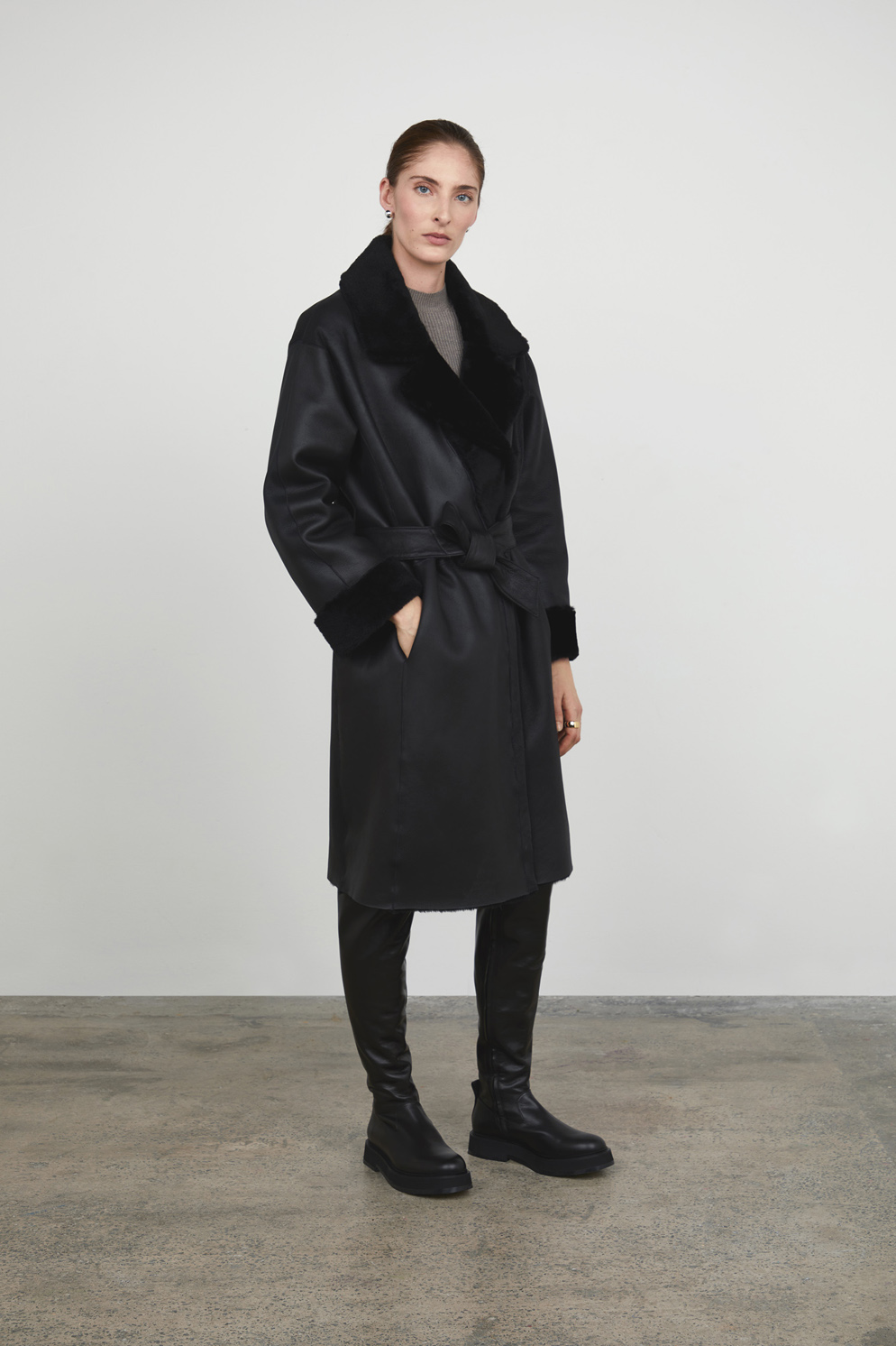 Black Shearling Trench Coat gushlow and cole womens shearling model full length coat reversed with belt