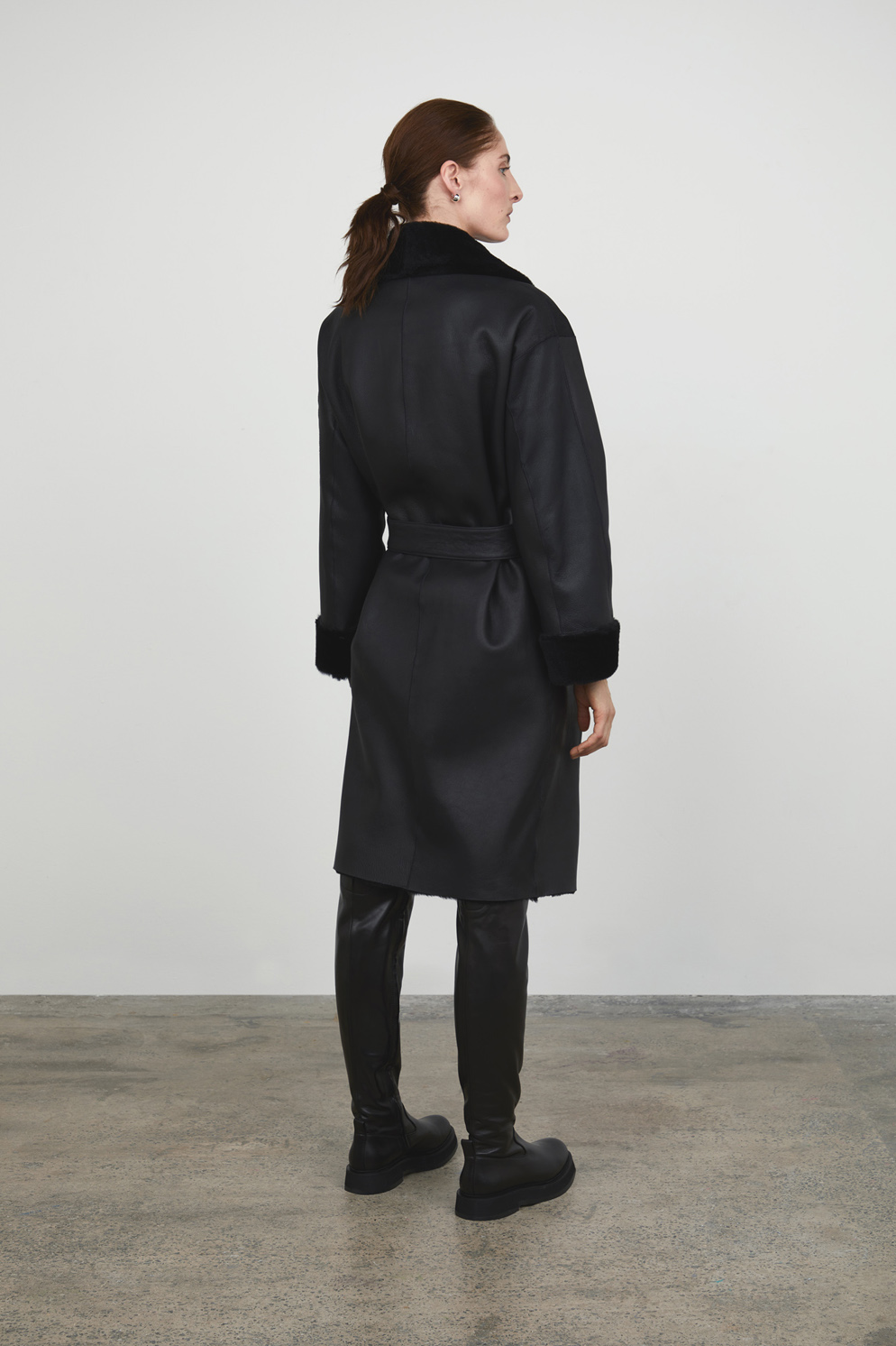 Black Shearling Trench Coat gushlow and cole womens shearling model full length coat back