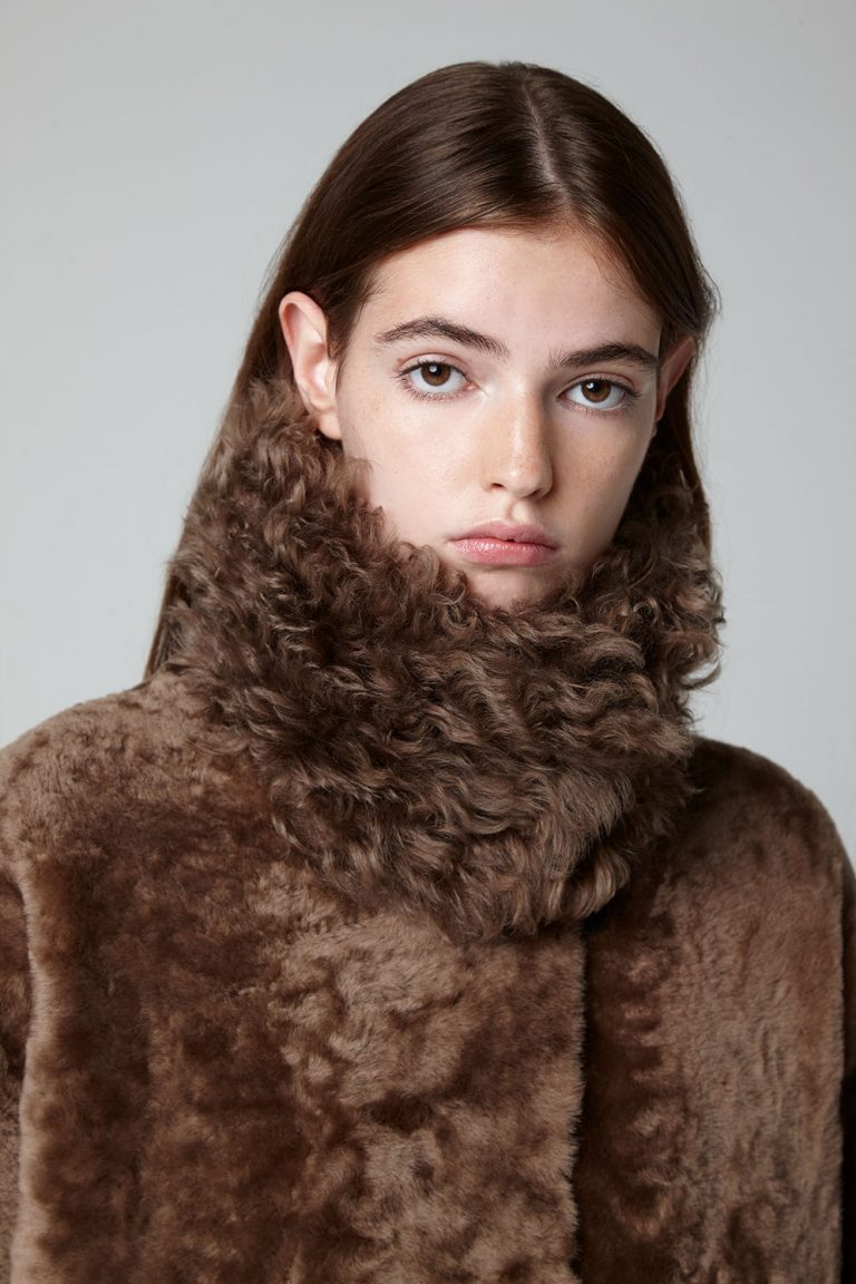 Camel Longline Shearling Taper Coat Gushlow & Cole womens shearling model crop