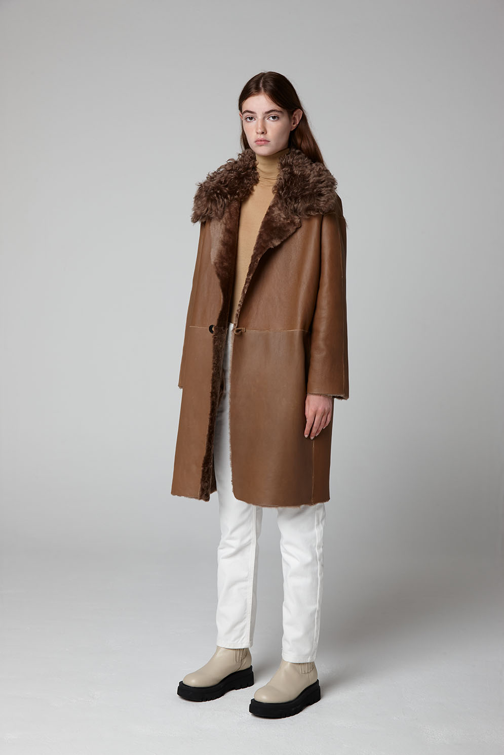 Camel Longline Shearling Taper Coat Gushlow & Cole womens shearling model coat reversed