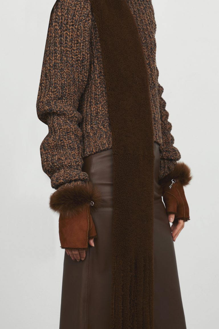 Chestnut Brown Cuffed Mini Shearling Mittens gushlow and cole - model crop
