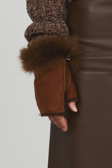 Chestnut Brown Cuffed Mini Shearling Mittens gushlow and cole - model hand crop